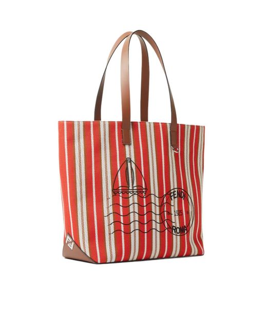 Fendi Red Logo Printed Striped Medium Tote Bag for men