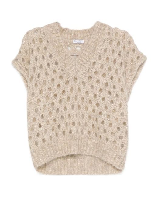Brunello Cucinelli Natural Open Knitted V-Neck Pullover