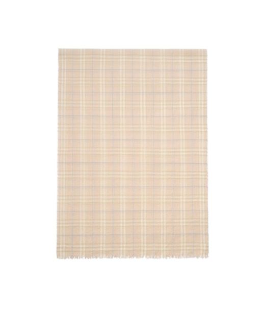 Burberry Natural Wide Embellished Check Wool Silk Blend Scarf