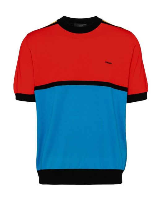 Prada Red Colour-Block Crewneck Knitted T-Shirt for men