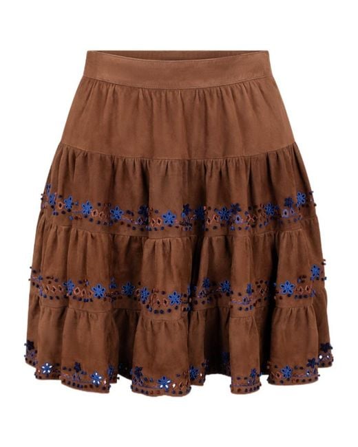 Ermanno Scervino Brown Embroidered Denim Mini Layered Mini Skirt