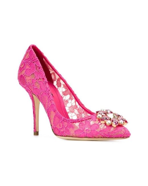 Dolce & Gabbana Pink Bellucci Embellished Lace Stilettos