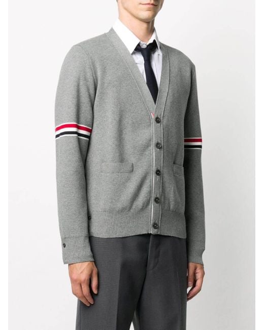 Thom Browne Gray Bar Stripe V-Neck Cardigan for men