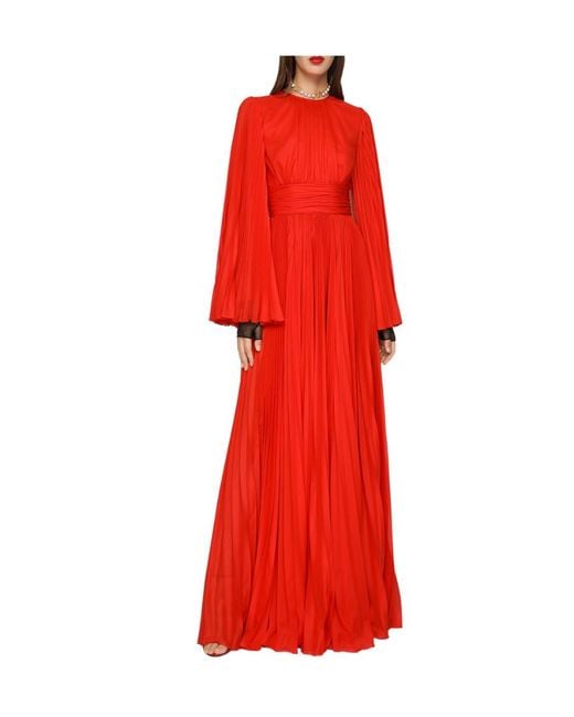 Dolce & Gabbana Red Slit-Sleeved Pleated Gown