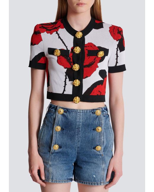 Balmain Red Roses Jacquard Knit Cardigan