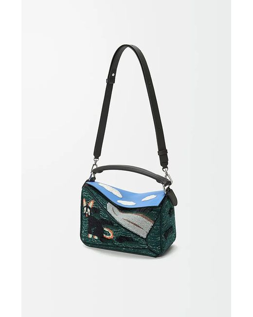Loewe Blue Petit Sac Puzzle Futurist Cat En Maille Brodée Et Cuir De Veau