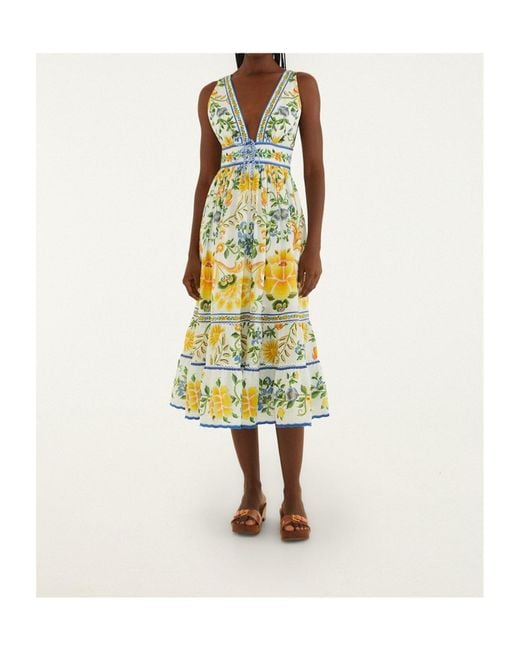 Farm Rio White Long Dress With Floral Print And Deep V-neck