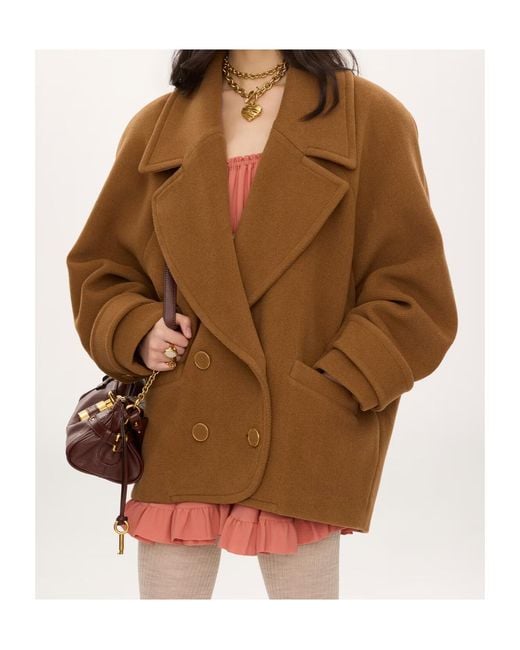 Chloé Brown Chloé Double-Breasted Herringbone Short Coat