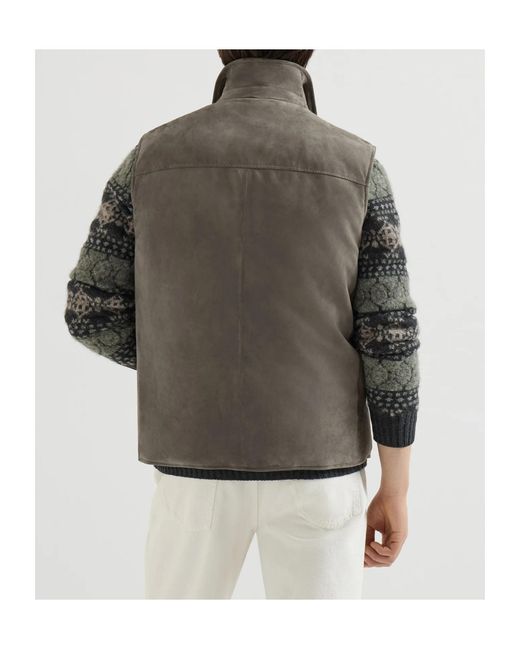 Brunello Cucinelli Brown Suede Down Vest With Shirt-Style Collar for men