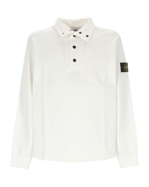 Stone Island White Long-Sleeved Polo Shirt for men
