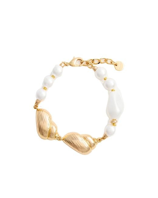Self-Portrait Metallic Glass-Pearl Shell-Motif Bracelet