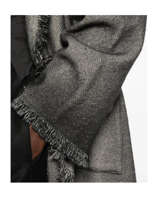 Avant Toi Gray Fringed-Trim Herringbone-Weave Coat