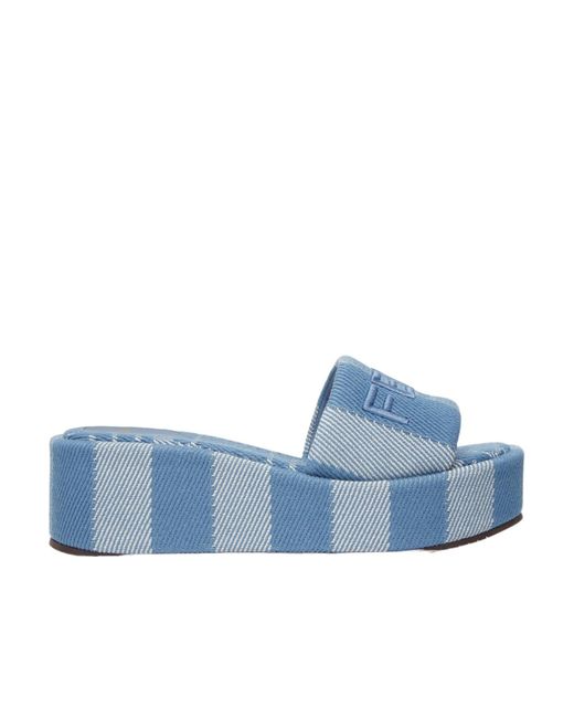 Fendi Blue Sunshine Denim-Effect Jacquard Platform Slides