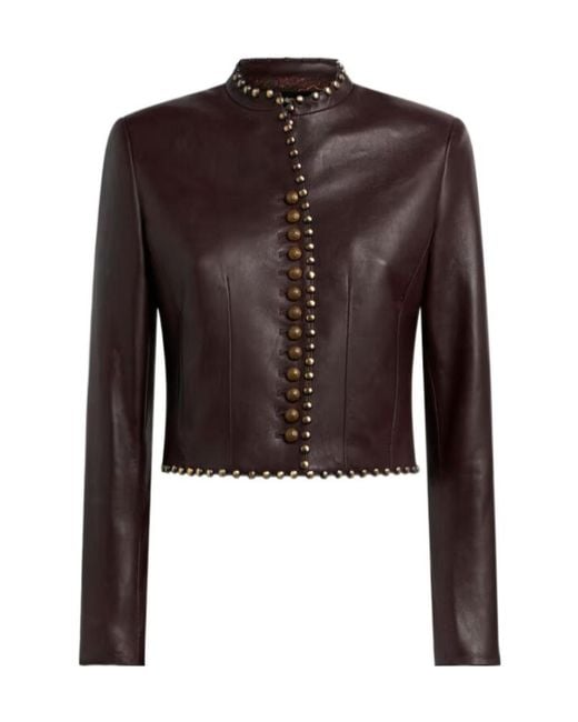Etro Brown Cropped Leather Jacket With Studs
