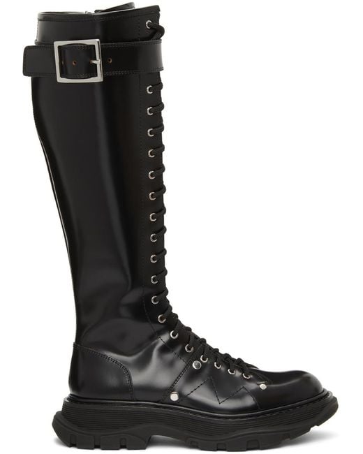 McQueen Black Tread Knee-High Boots