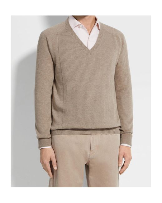 Zegna Brown Oasi V-Neck Ribbed Cashmere Sweater for men