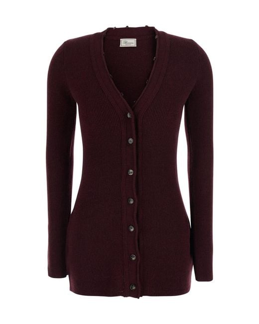 Blumarine Purple Faux Fur Trim Ribbed Cardigan
