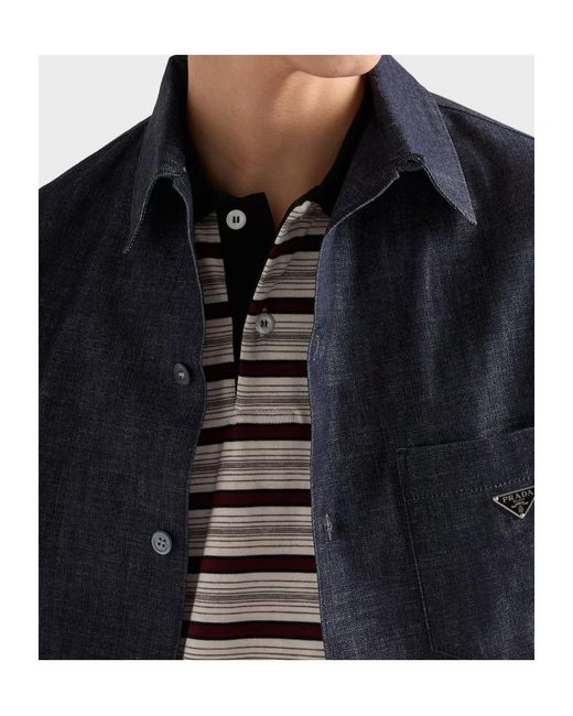 Prada Blue Short-Sleeved Chambray Denim Shirt for men