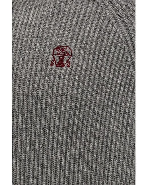 Brunello Cucinelli Gray Embroidered Logo Cashmere Cardigan for men