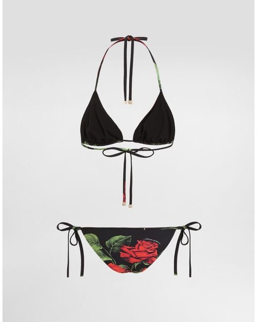 Dolce & Gabbana Red Rose-Printed Triangle Bikini Set