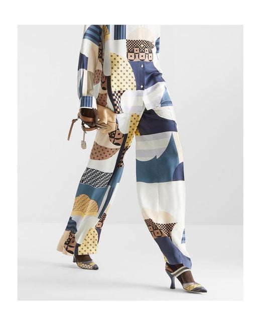 Fendi Blue Patchwork Printed Wide-Leg Trousers
