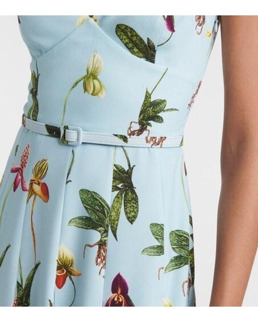 Oscar de la Renta Blue Floral Belted Cady Midi Dress