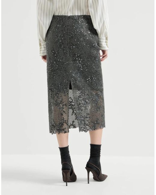 Brunello Cucinelli Gray Dazzling Lace-Embroidery Pencil Skirt