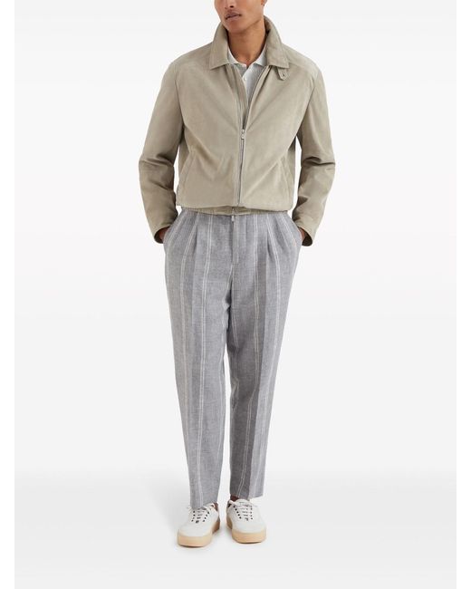 Brunello Cucinelli Gray Vertical-Striped Tapered Trousers for men