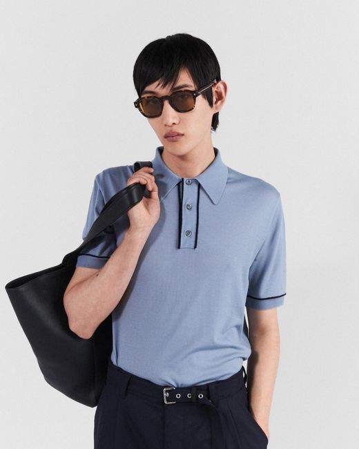Prada Blue Wool Polo Shirt for men