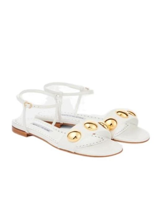 Manolo Blahnik White Chaouhen Embellished Leather Sandals