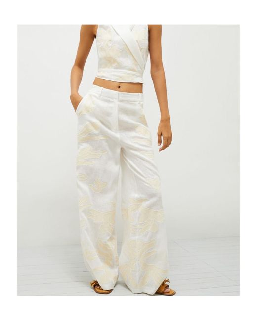 Marella White Embroidered Linen Trousers