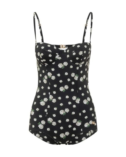 Dolce & Gabbana Black Floral Printed One-Piece Swimsuit