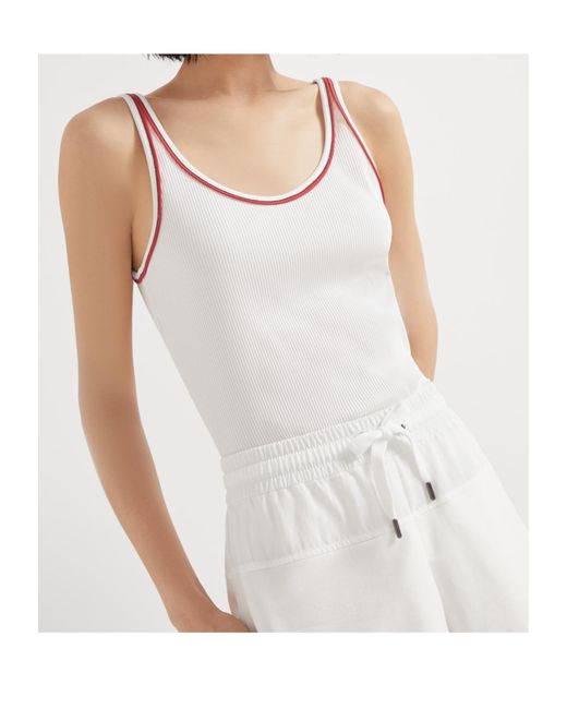 Brunello Cucinelli White Ribbed Contrast-Piping Tank Top