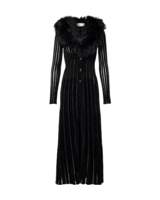 Blumarine Black Shearling-Trimmed Striped Maxi Dress
