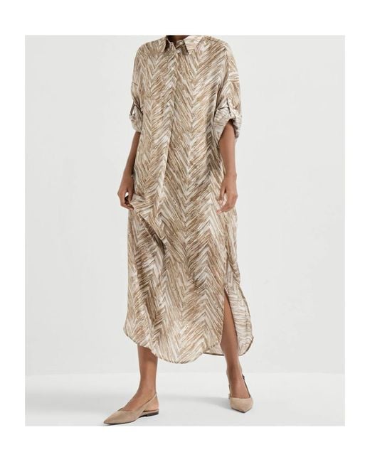 Brunello Cucinelli Natural Silk Chevron Shirt Dress
