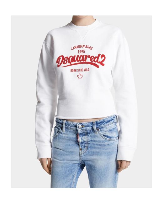 DSquared² White Logo Printed Croppdd Crewneck Sweatshirt
