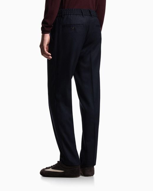 Emporio Armani Blue Stretch-Twill Virgin-Wool Trousers With Ribbing for men