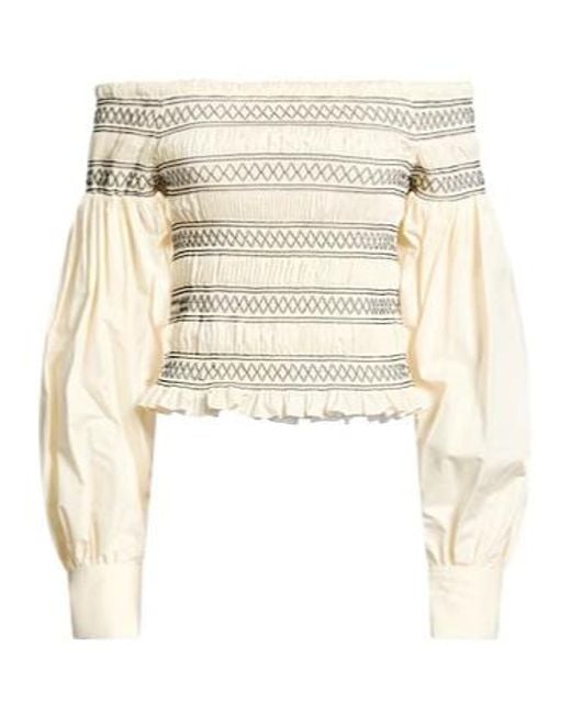 Max Mara Natural Off-Shoulder Long-Sleeve Color-Block Top