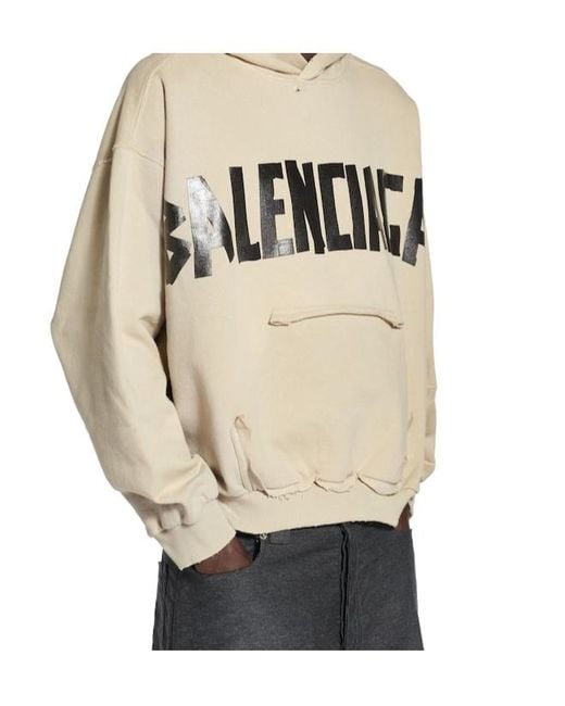 Balenciaga Natural Cotton Distressed Tape Logo Hoodie for men