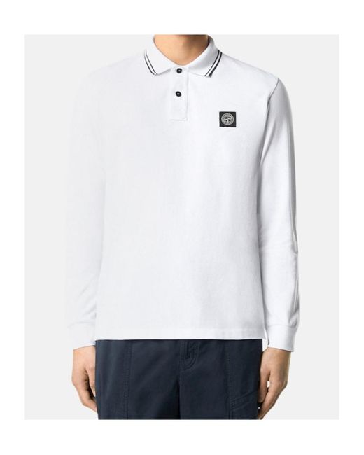 Stone Island White Slim Fit Long Sleeve Polo Shirt With Compass Patch for men
