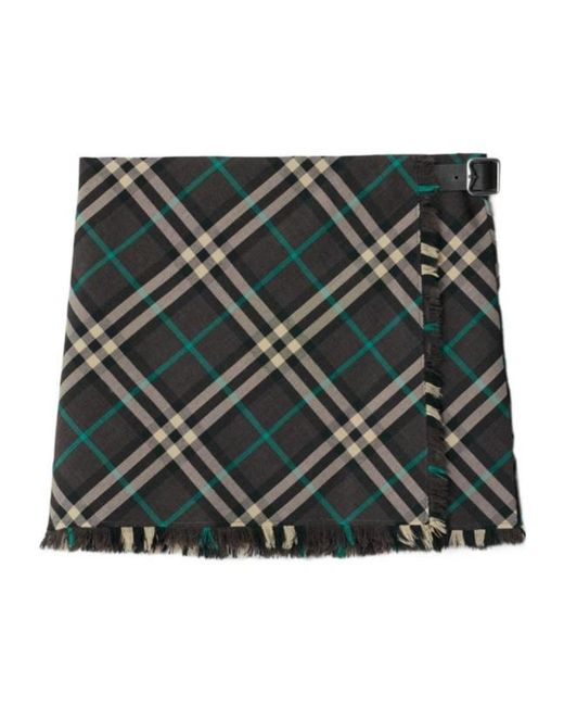 Burberry Green Check-Pattern Frayed-Edge Mini Skirt