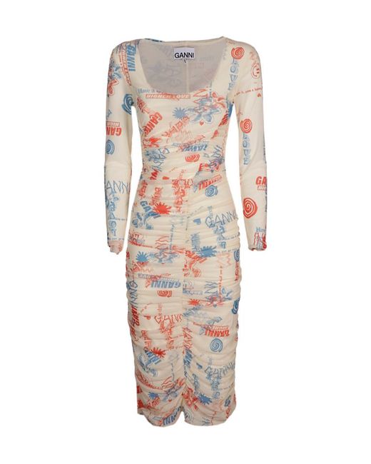 Ganni White Ruched Mesh Midi Dress