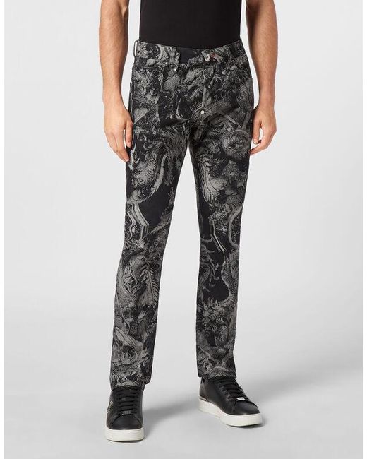 Philipp Plein Gray Dragon Skull Straight-Cut Jeans for men
