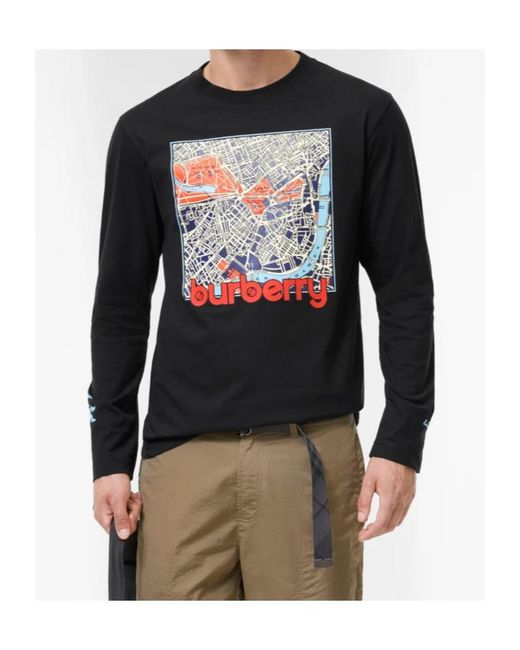 Burberry Black Long-Sleeve London Map Cotton T-Shirt for men