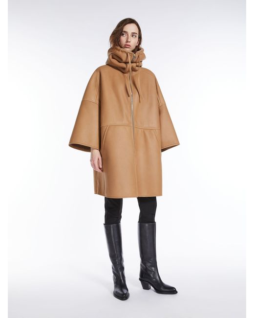 Max Mara Natural Shearling-Trim Cape Coat