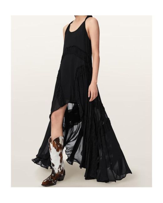 AllSaints Black Dorina Ruffled High-Low Maxi Dress