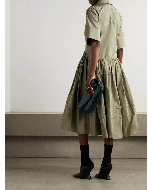 Jil Sander Green Pleated Sateen Midi Shirt Dress
