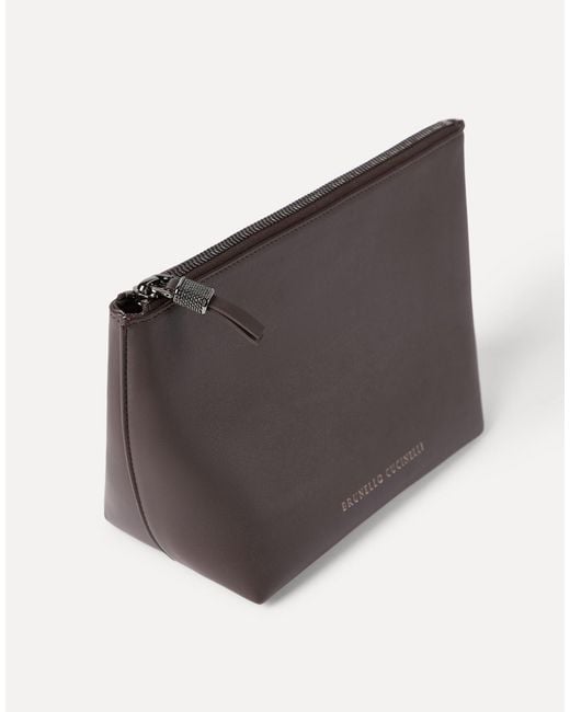 Brunello Cucinelli Gray Calfskin Pouch With Shiny Zipper Pull