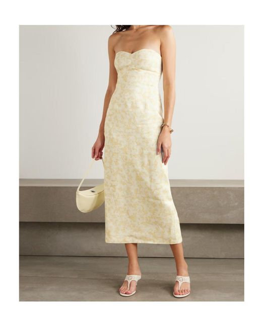 Posse Natural Isla Strapless Floral-Print Linen And Silk-Blend Midi Dress