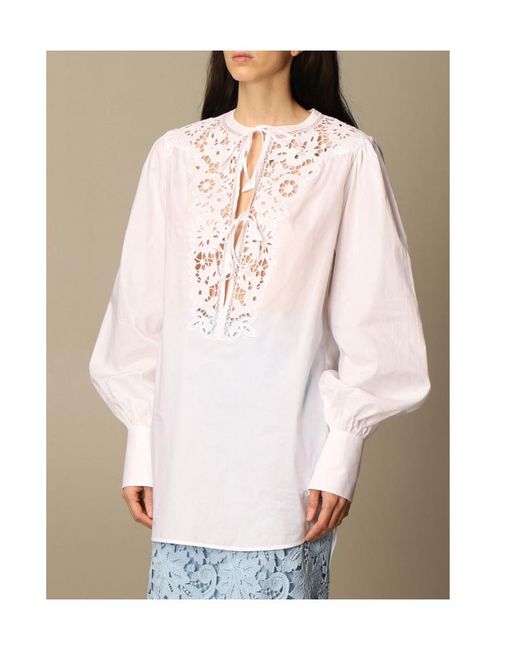 Ermanno Scervino White Lace-Detail Tied-Neck Blouse